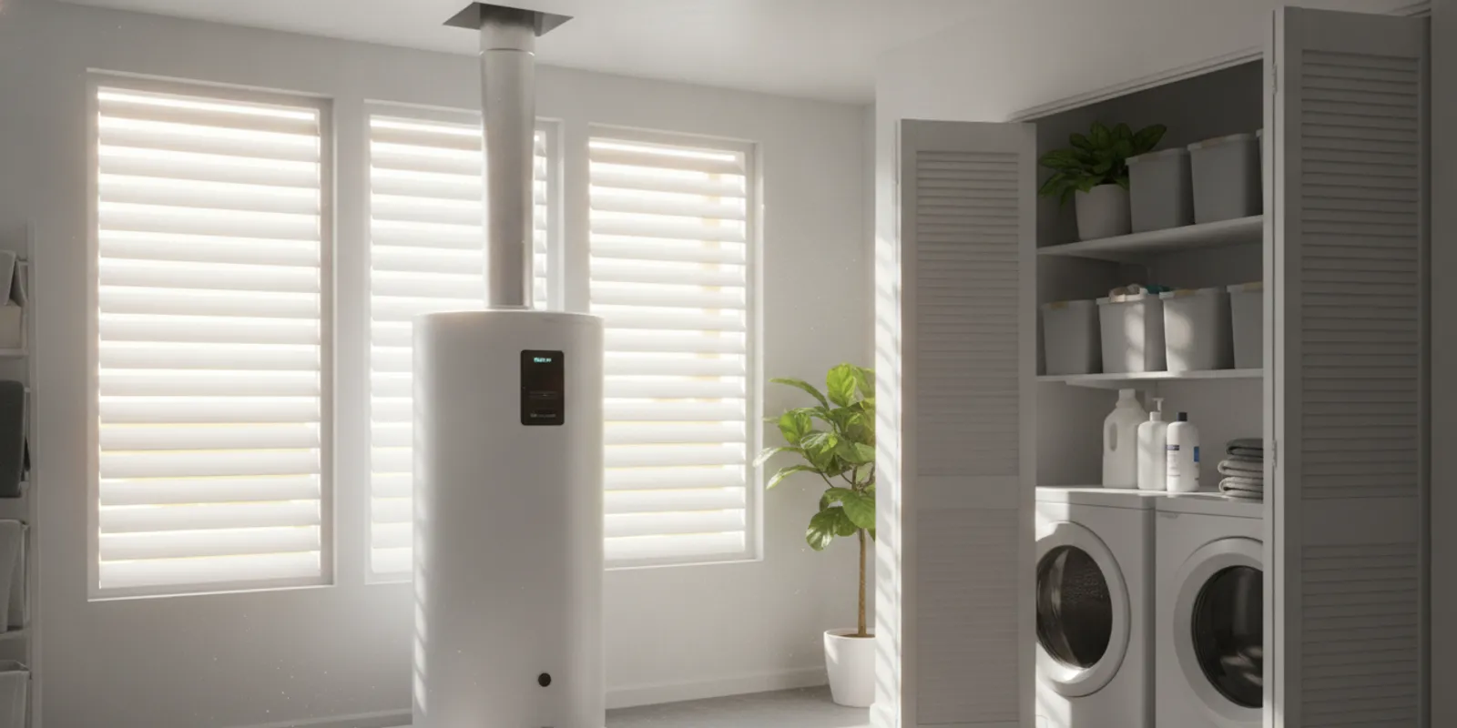 Heat pump water heater in a bright, ventilated home utility room