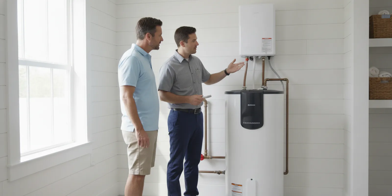 A homeowner comparing a heat pump water heater and a tankless water heater in a Florida utility area