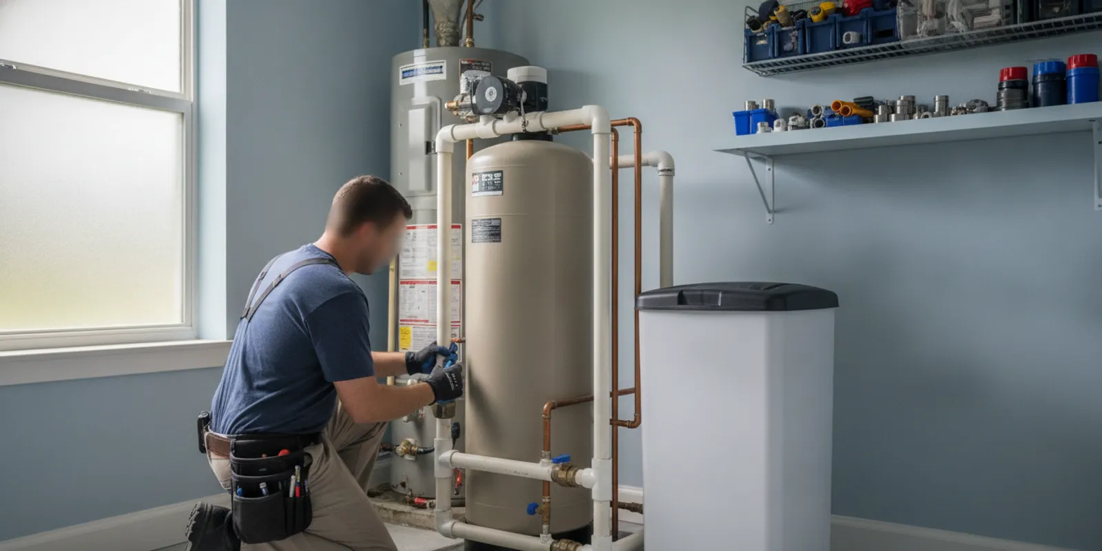 A plumber checking water softener connections in a clean home utility area