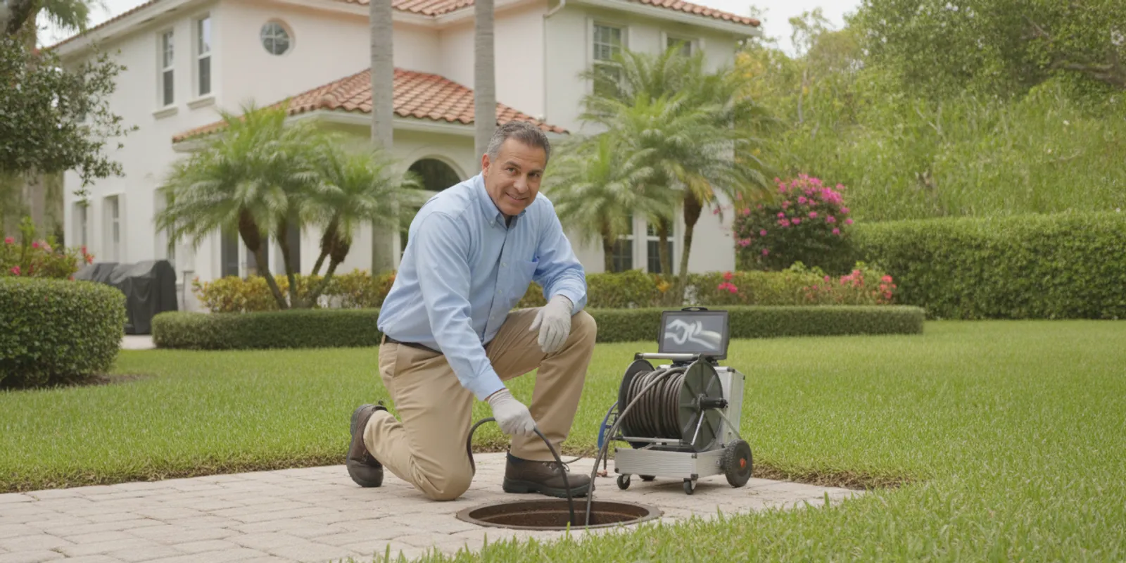 Plumber inspecting a home's sewer line access point in a landscaped yard