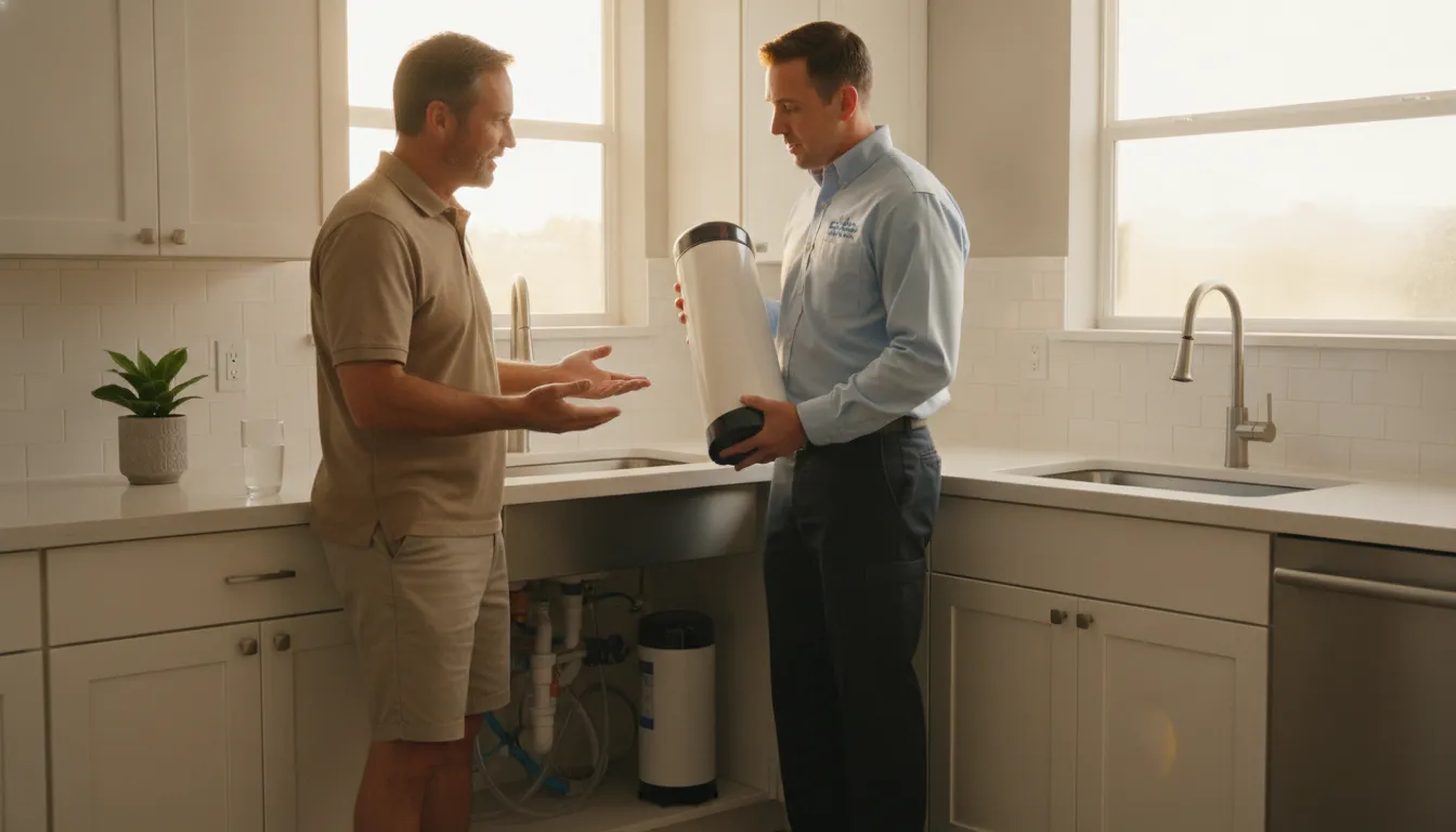 Homeowner and plumber reviewing water filtration options in a clean kitchen