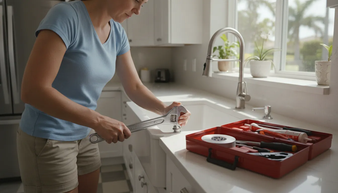 Homeowner tightening a faucet fitting with an adjustable wrench in a bright Florida kitchen