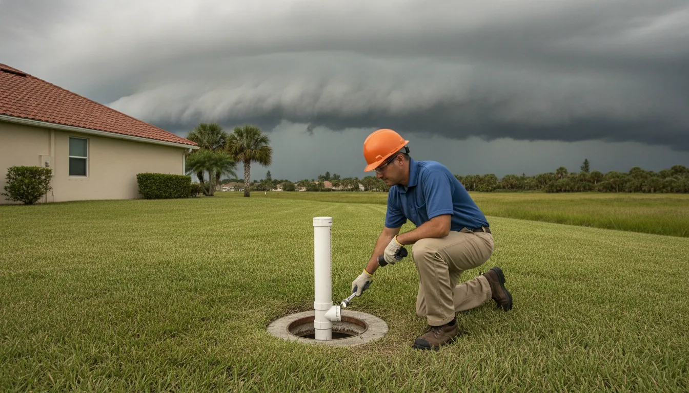 Plumber inspecting an outdoor drain before a Treasure Coast hurricane