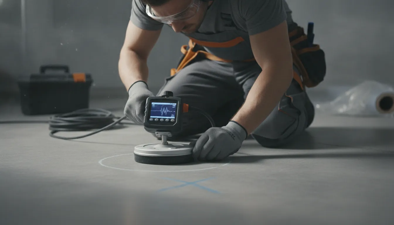 Plumbing technician using electronic ground microphone equipment to detect a slab leak under a concrete floor