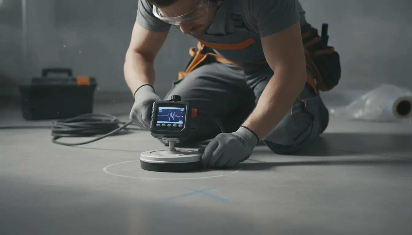 Plumber using a leak detection service to investigate hidden moisture behind a finished surface