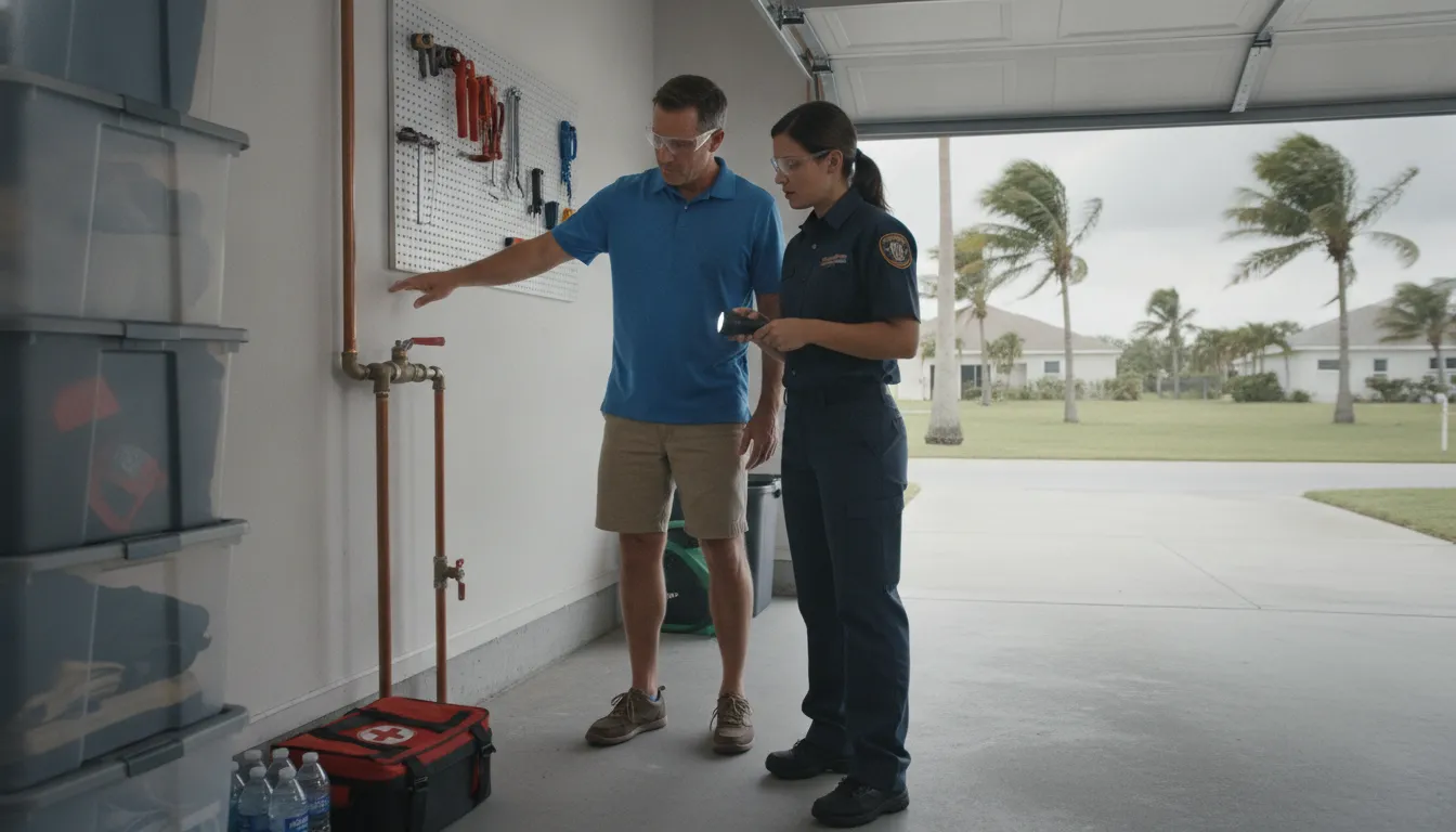 Homeowner and plumber inspecting a main water shutoff for hurricane plumbing preparation