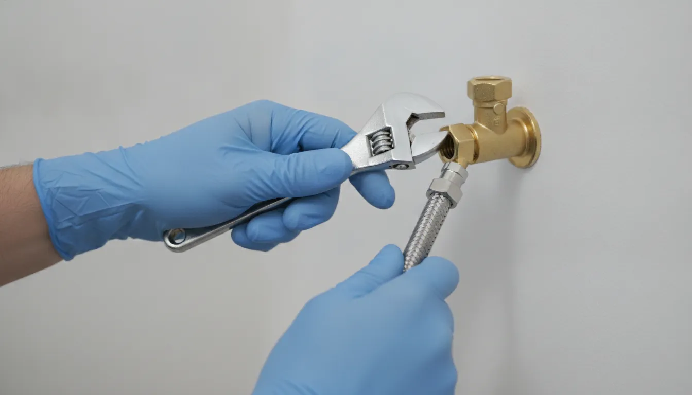 Licensed plumber's gloved hands connecting a water heater supply valve with a wrench during professional installation