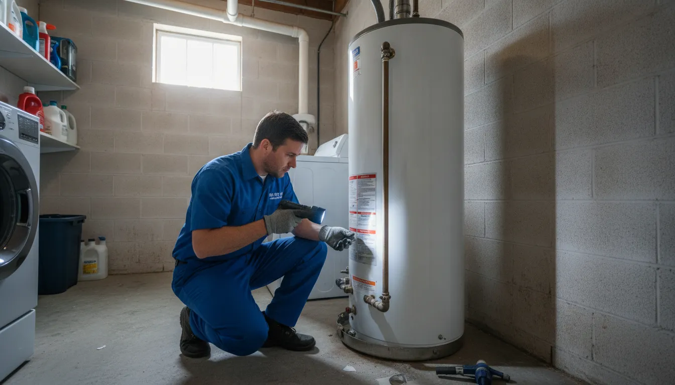 Plumber inspecting a residential water heater for leaks and rust in a Florida home