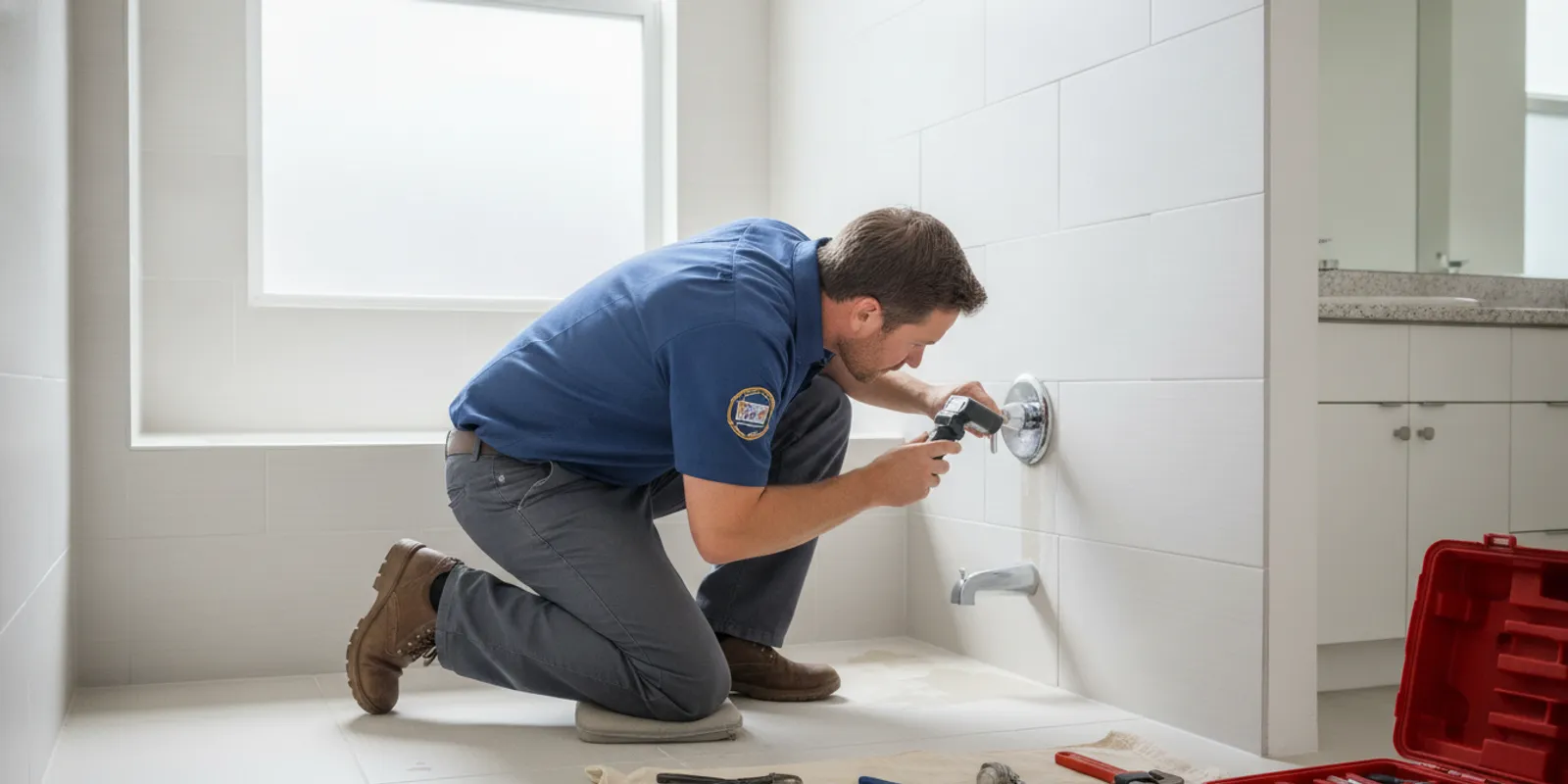 A plumber inspecting a shower valve and tiled wall to identify the source of a leak.