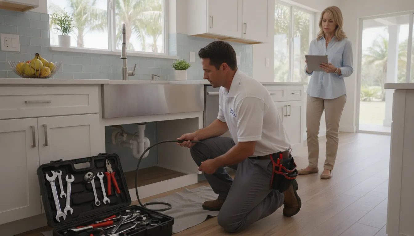 Plumber inspecting a clogged kitchen sink in a clean Treasure Coast home