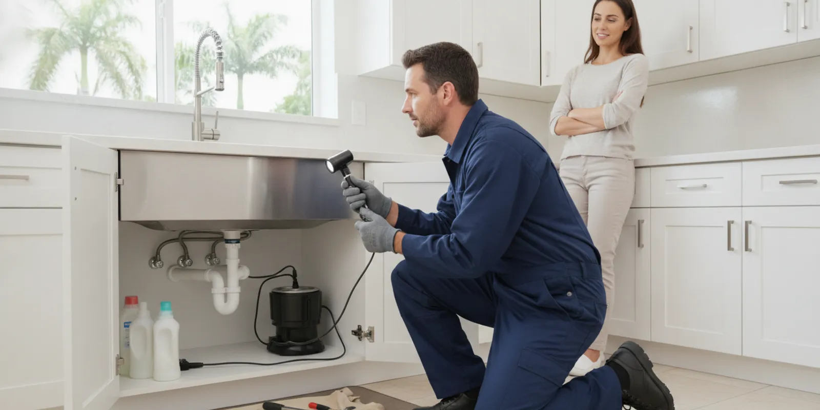 Plumber checking pipes beneath a residential kitchen sink