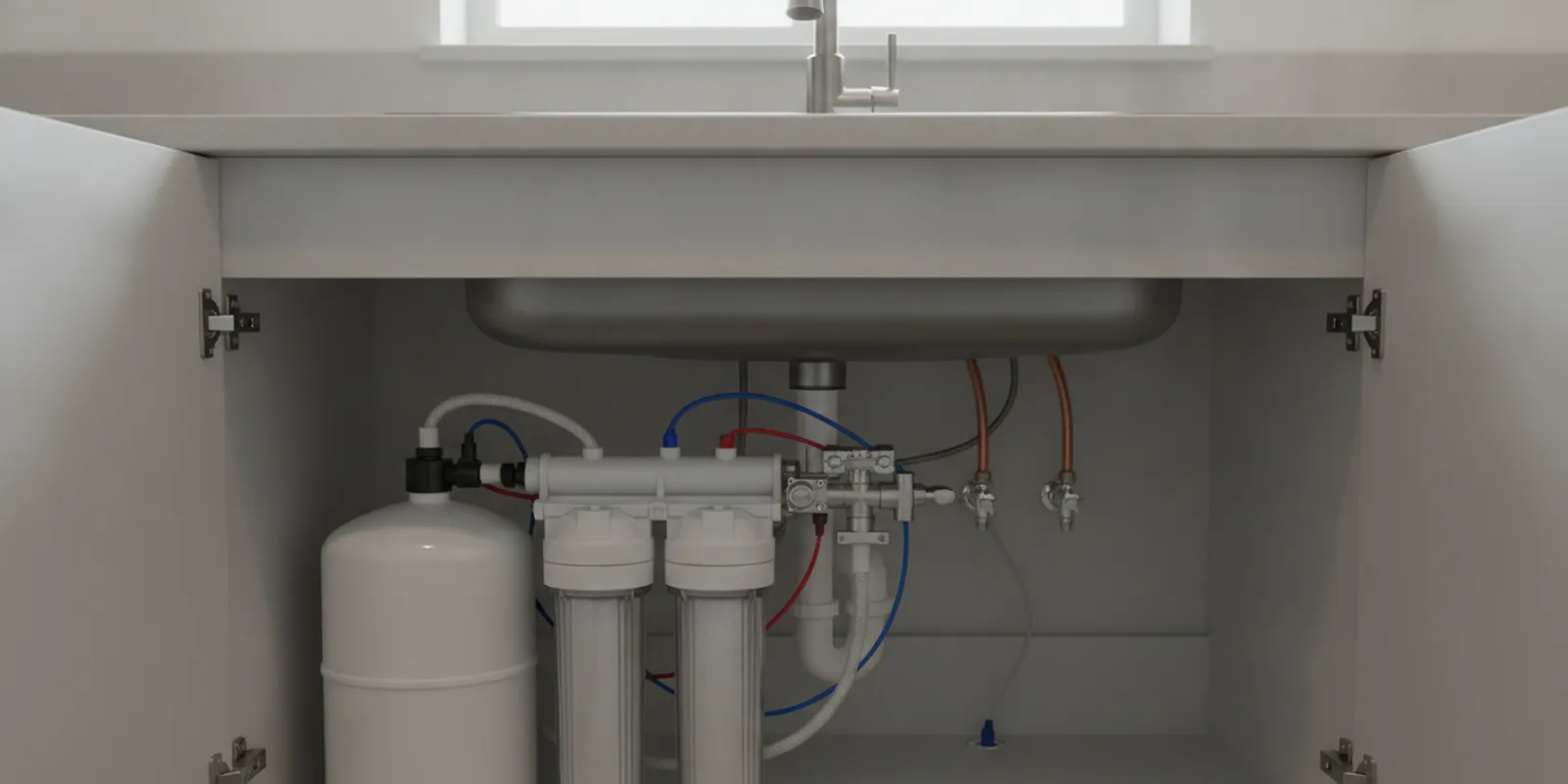 Under-sink reverse osmosis water filter connected beside a kitchen sink