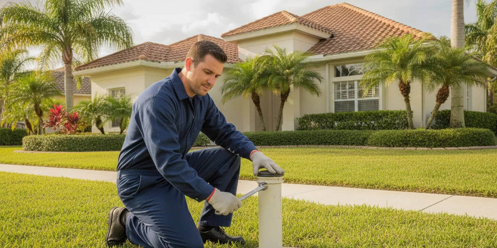 Plumber inspecting a residential sewer cleanout outside a Florida home