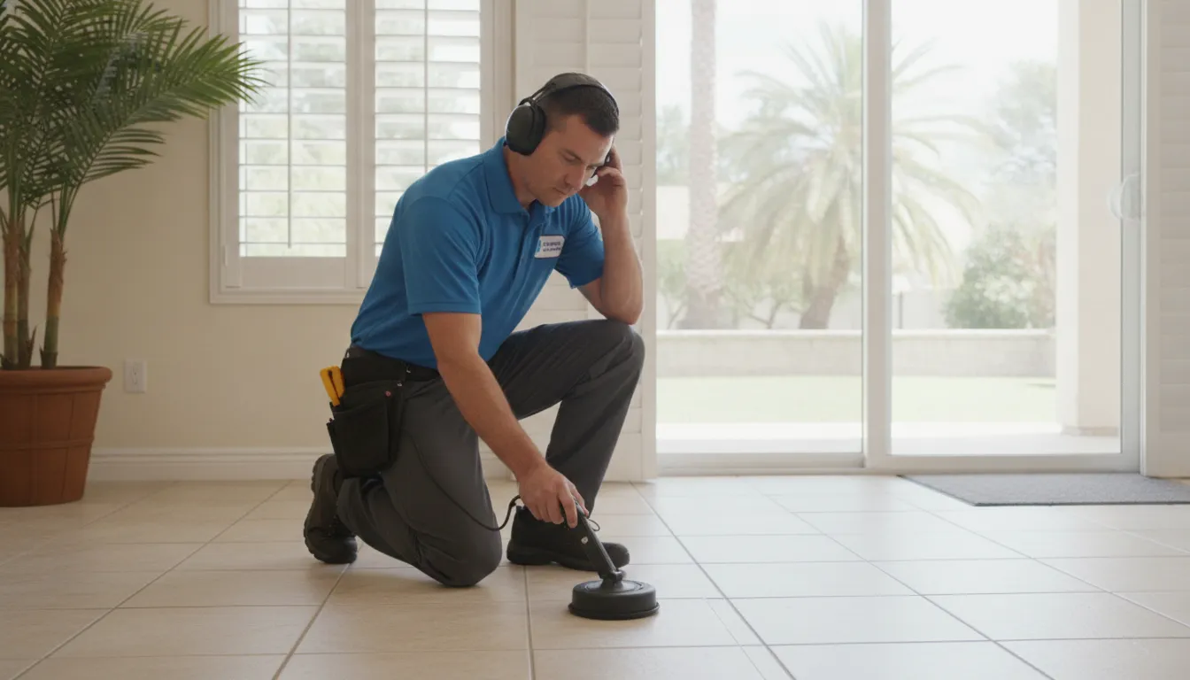 Plumber using non-invasive equipment to inspect for a hidden slab leak