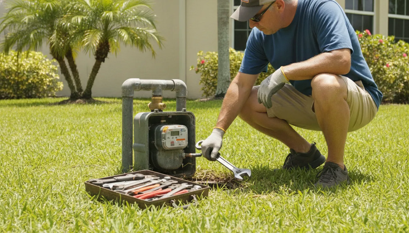 Plumber checking a residential water meter for slab leak signs