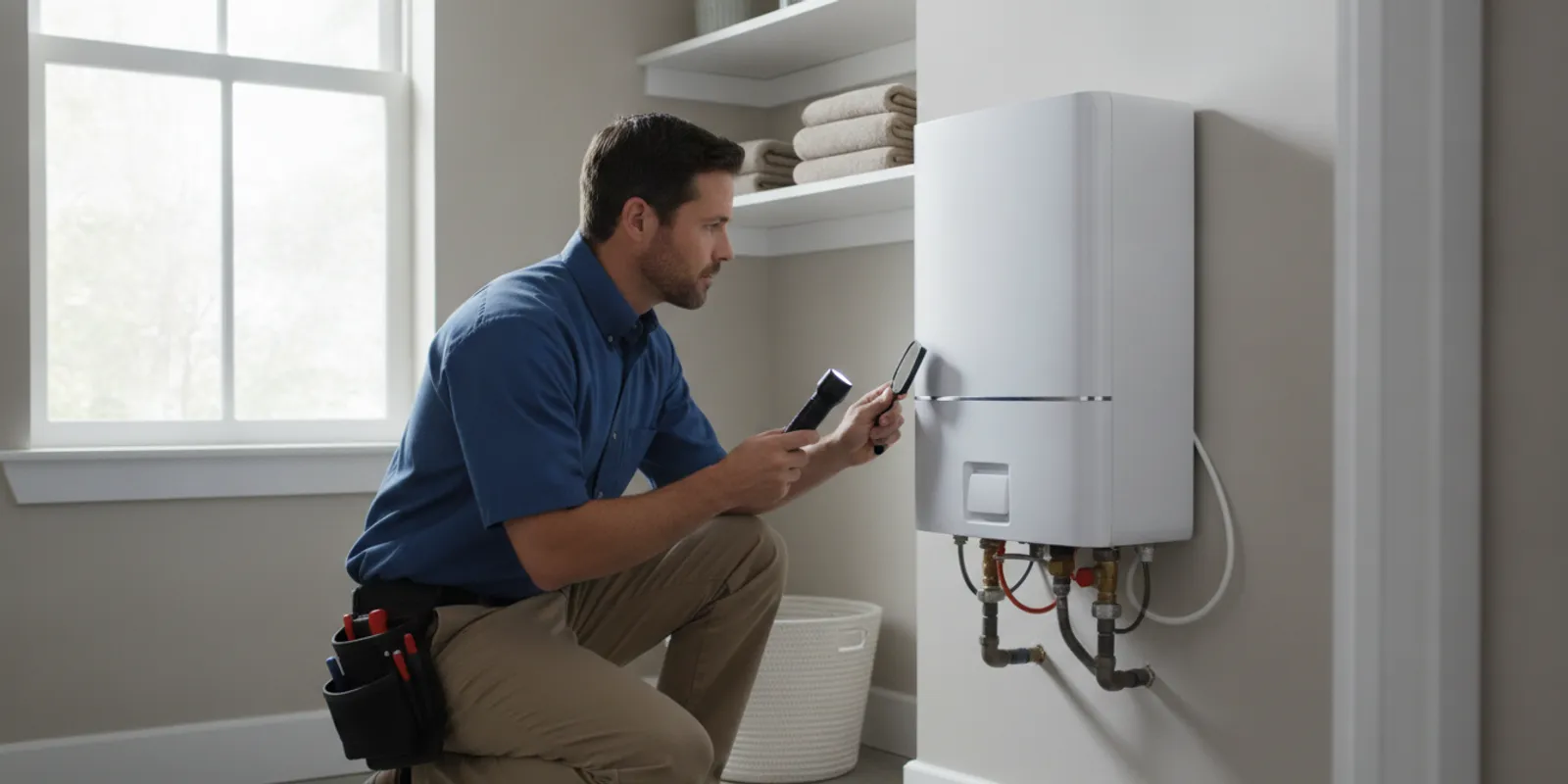 Plumber inspecting a wall-mounted tankless water heater in a Florida home