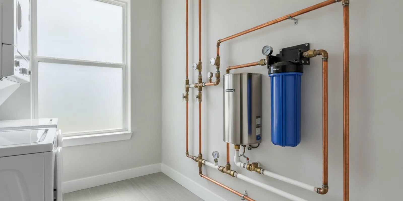 A residential UV water treatment unit installed on plumbing beside a water filtration system
