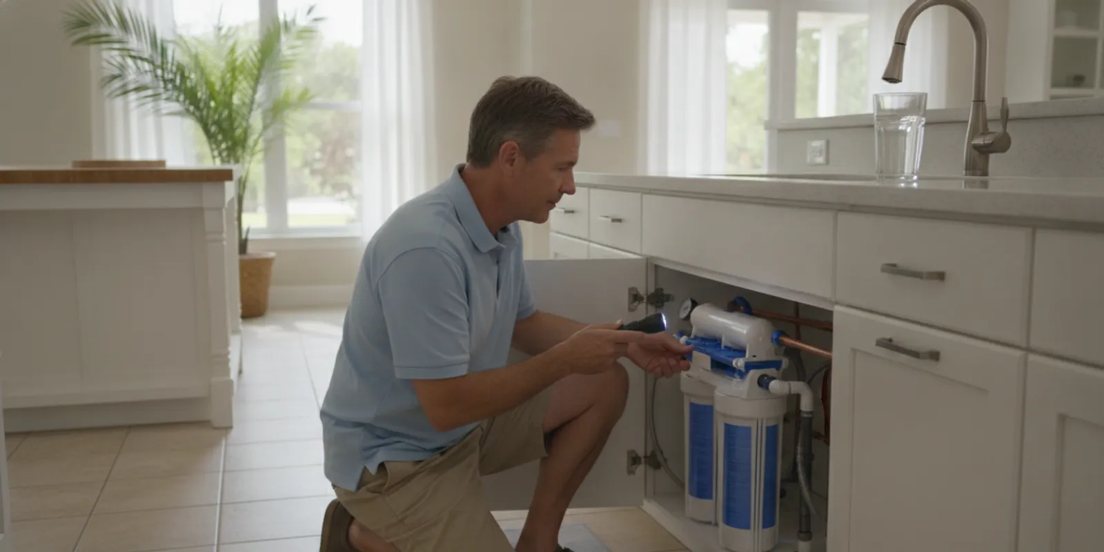 A homeowner checking a drinking water filter beneath a kitchen sink
