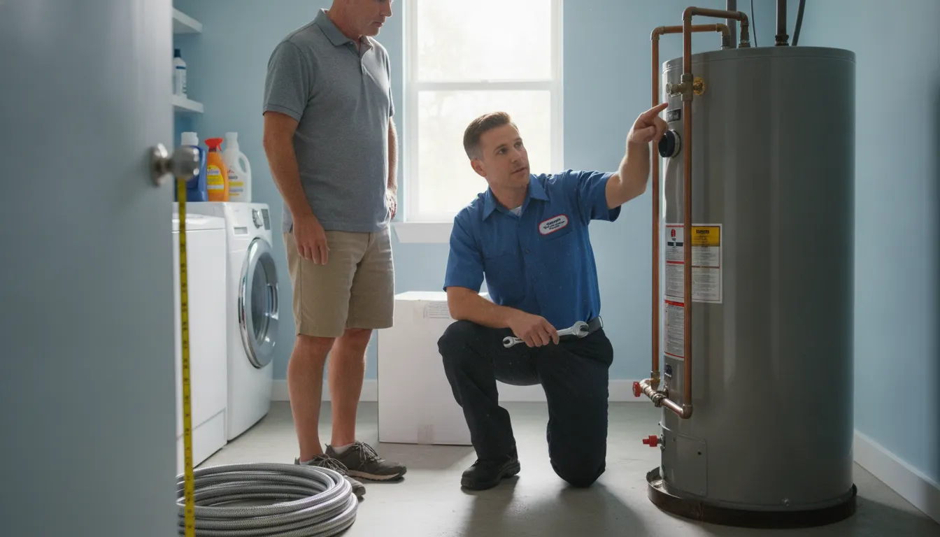 Plumber assessing a water heater installation with a Treasure Coast homeowner