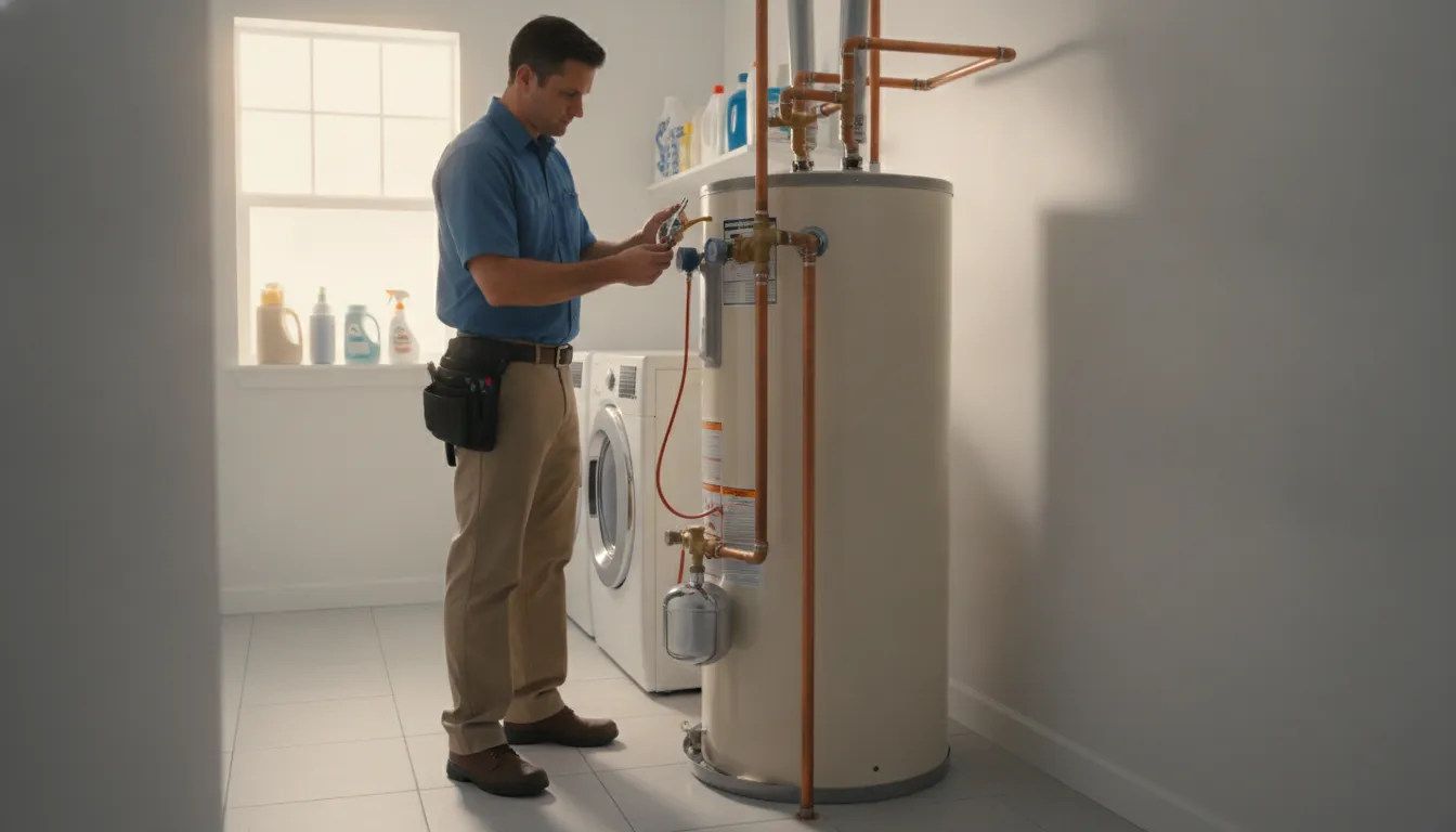Plumber checking gas water heater connections during installation
