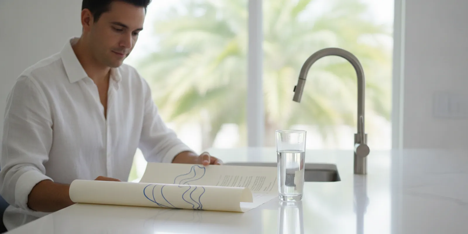 Homeowner reviewing a water test report beside a kitchen faucet in a Florida home