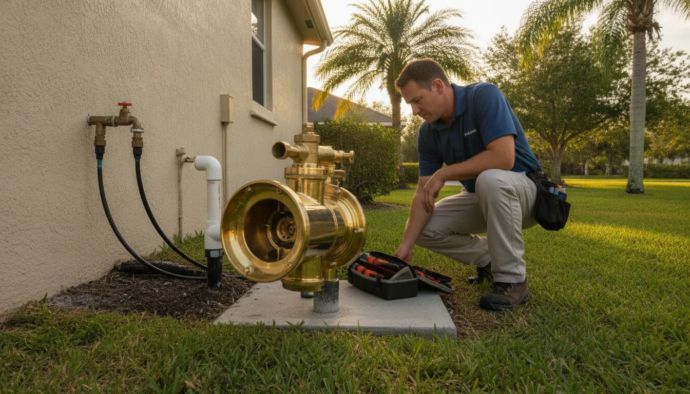 Plumber inspecting a backflow prevention assembly at a Florida home