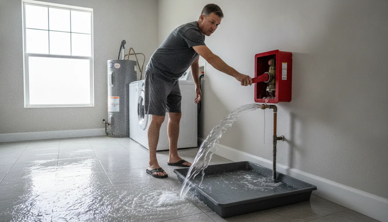 Homeowner shutting off water after a burst pipe in a Florida utility room