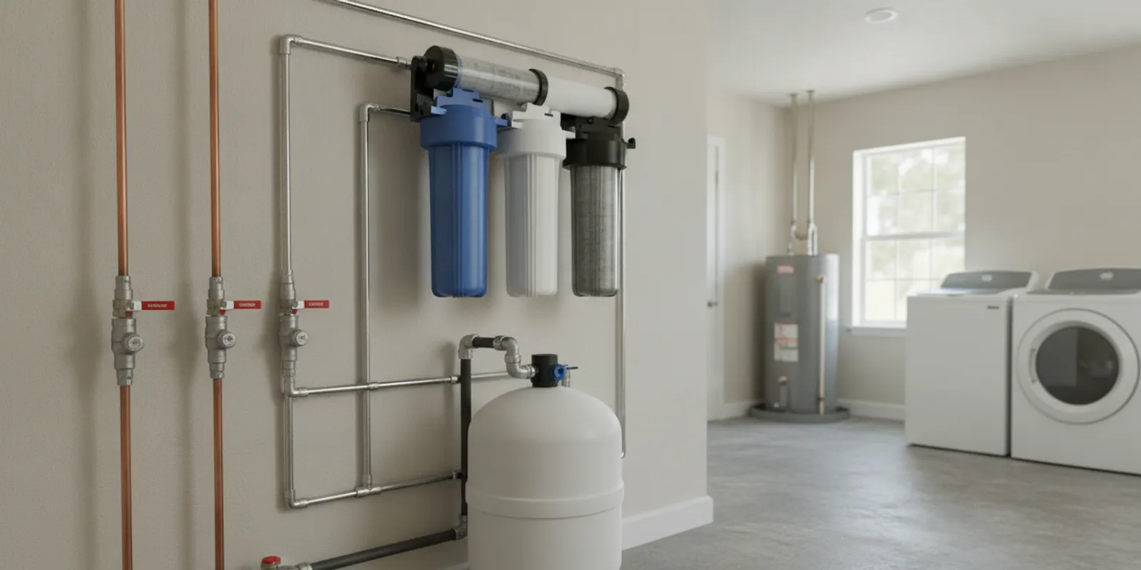 Whole-house reverse osmosis equipment installed neatly in a home's utility area