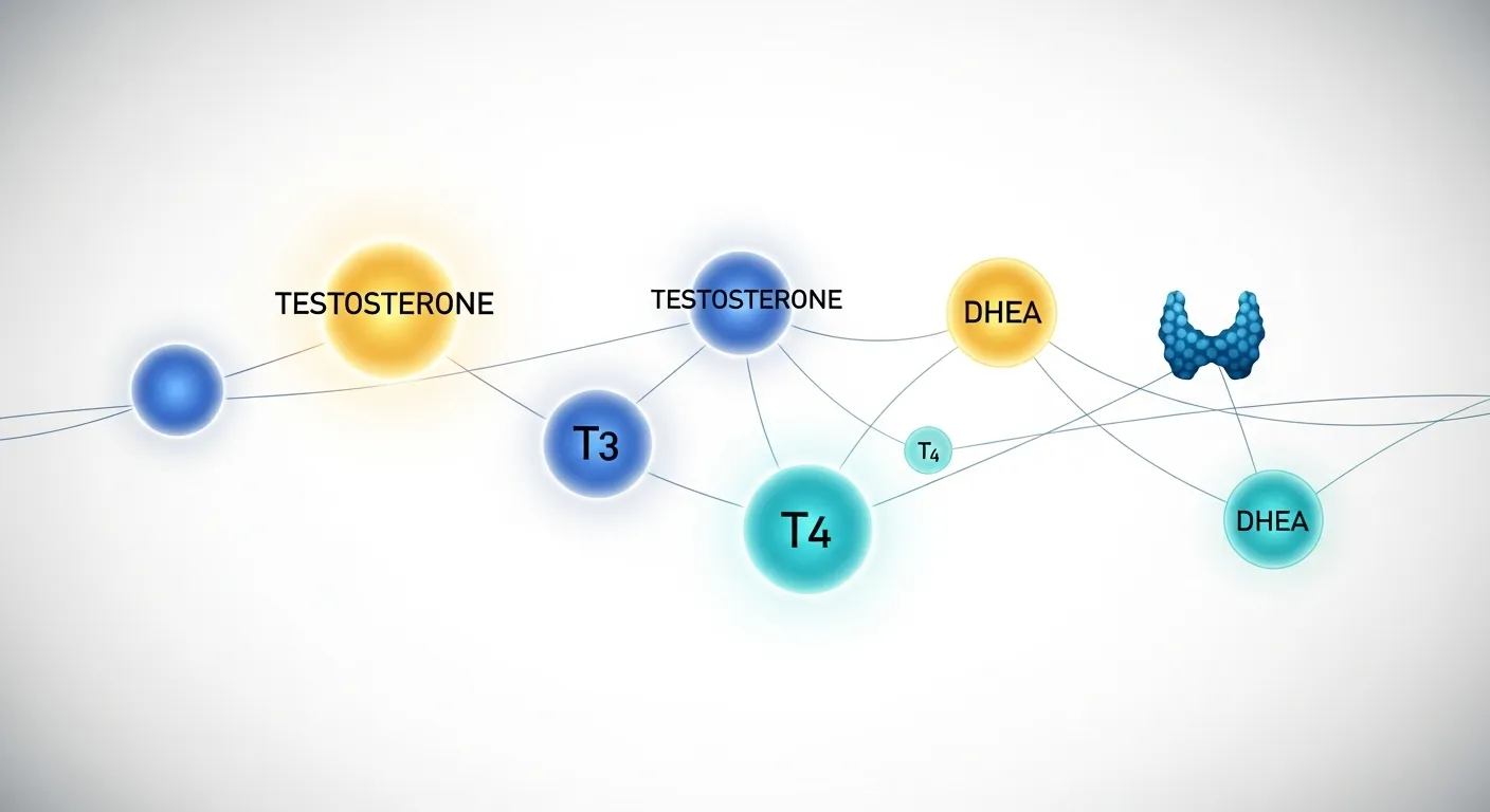 Interconnected male hormone system showing testosterone, thyroid hormones, cortisol, and DHEA pathways