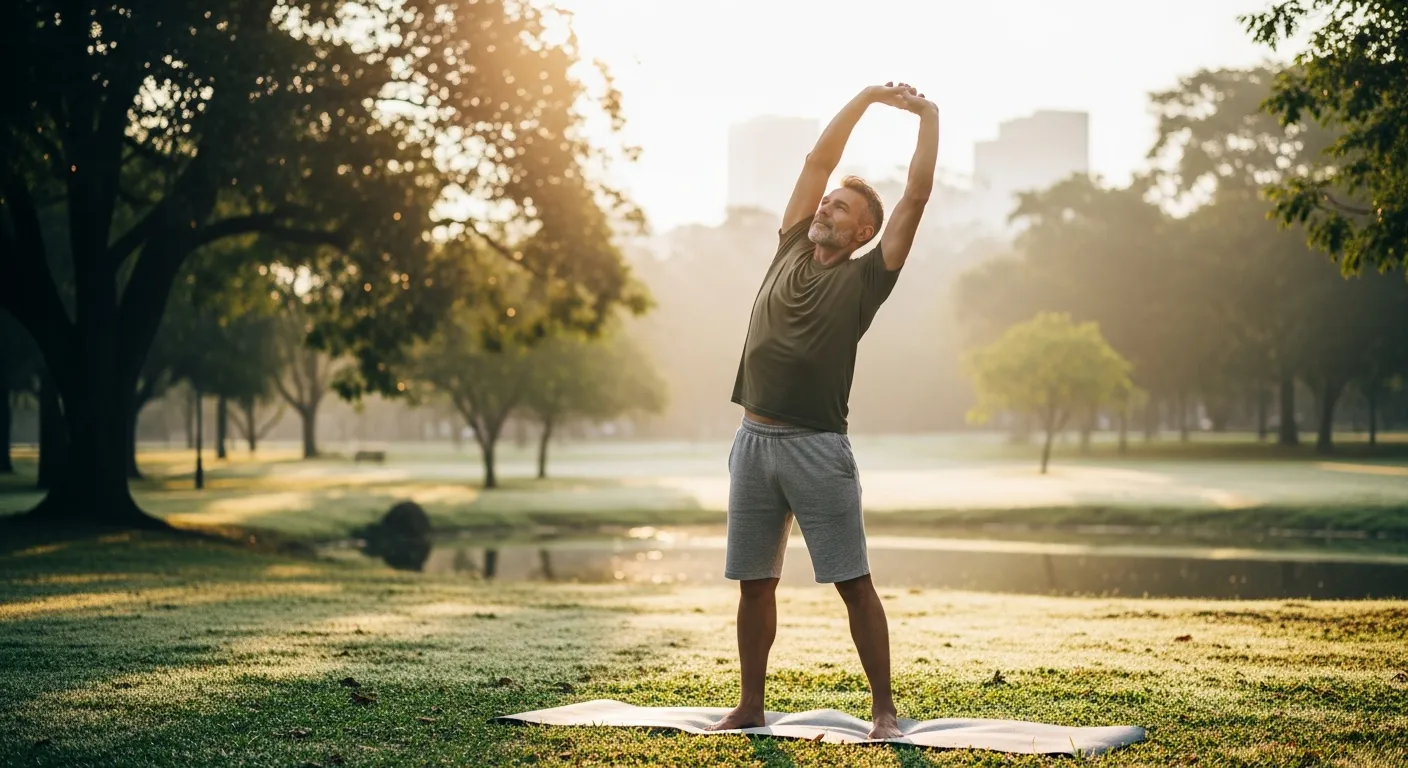 Man stretching outdoors in morning sunlight as part of a hormone-healthy lifestyle
