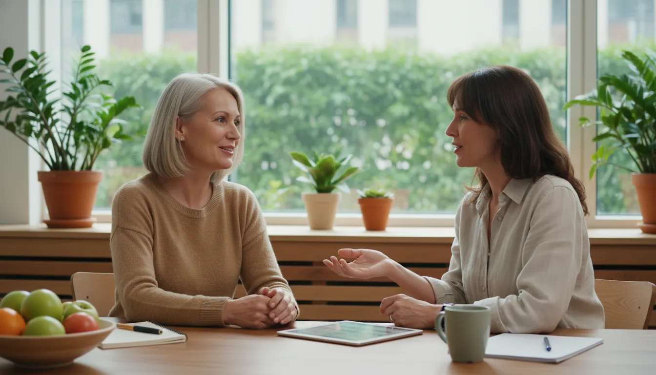 Woman discussing sleep and hormone balance concerns with a wellness clinician