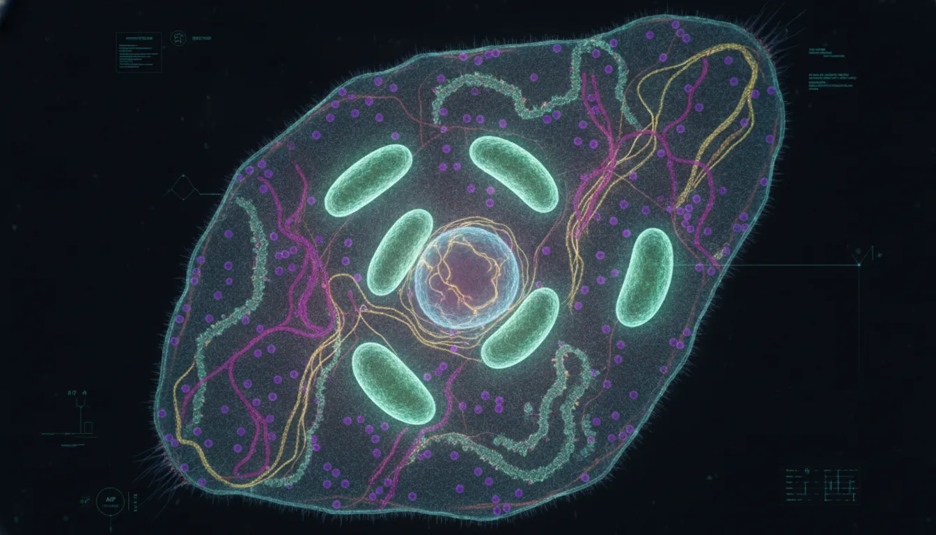 Microscopic view of cellular structures and mitochondria showing aging markers