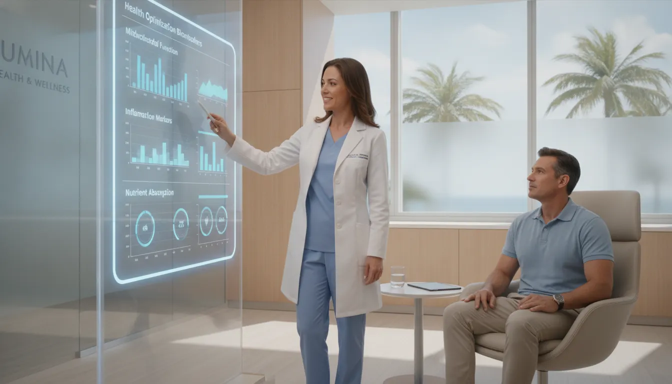Professional functional medicine clinician discussing longevity markers on a digital screen with a patient in a private suite in Boca Raton