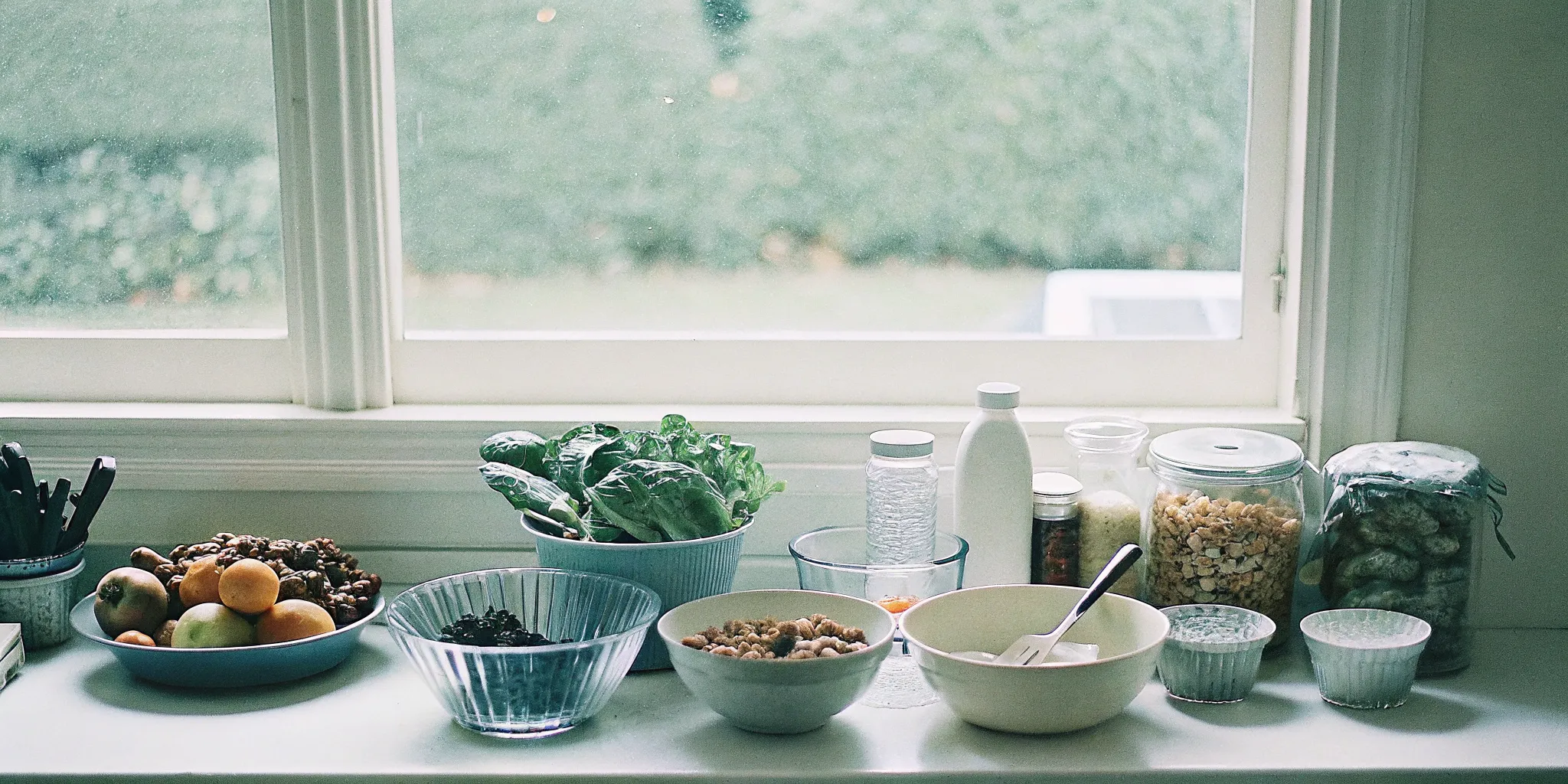 Fresh vegetables, nuts, and seeds on a kitchen counter representing brain-healthy nutrition for children with ADHD