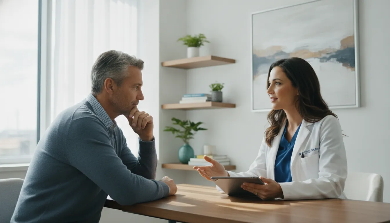 Man discussing low testosterone symptoms in men during a provider-led evaluation
