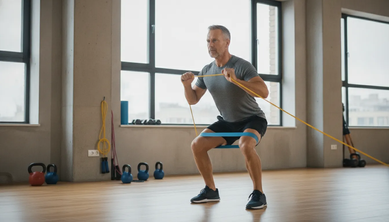 Active middle-aged man supporting strength and performance during a health evaluation