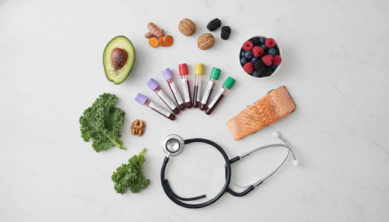 Functional medicine lab testing categories represented by clinical samples and nutritious foods
