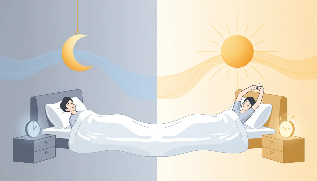 Sleep and hormone balance illustrated through a calm nighttime to morning rhythm