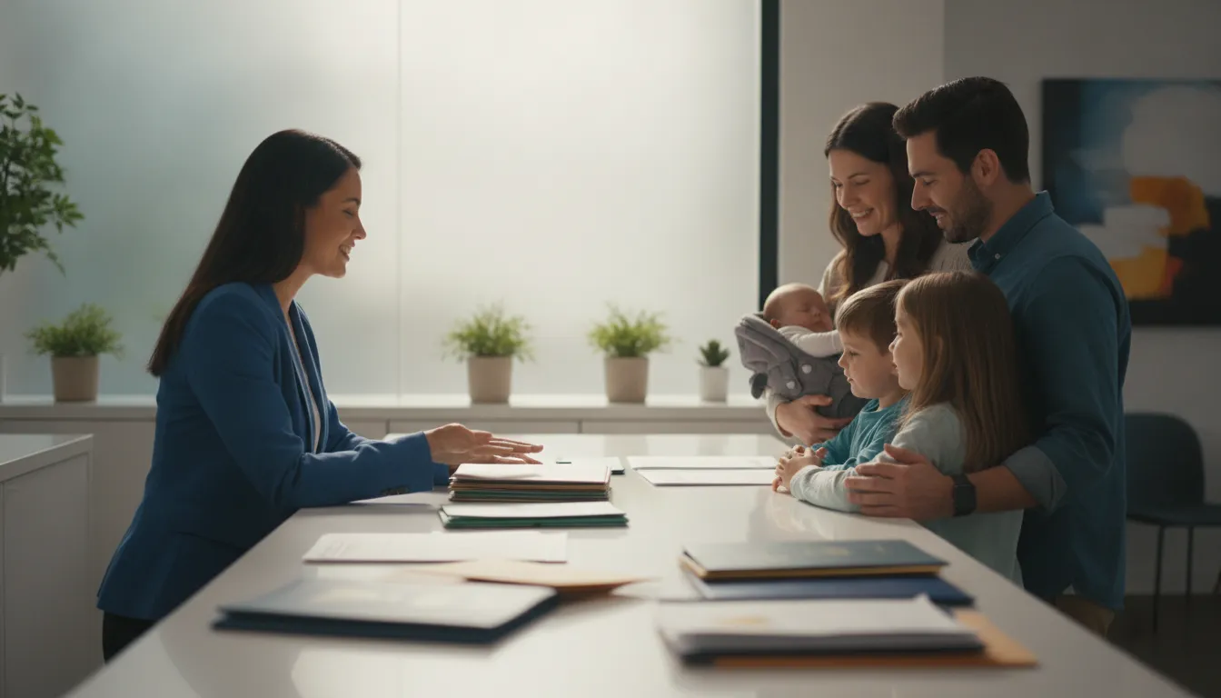 Passport specialist reviewing travel documents with a family at a walk-in expediting office counter