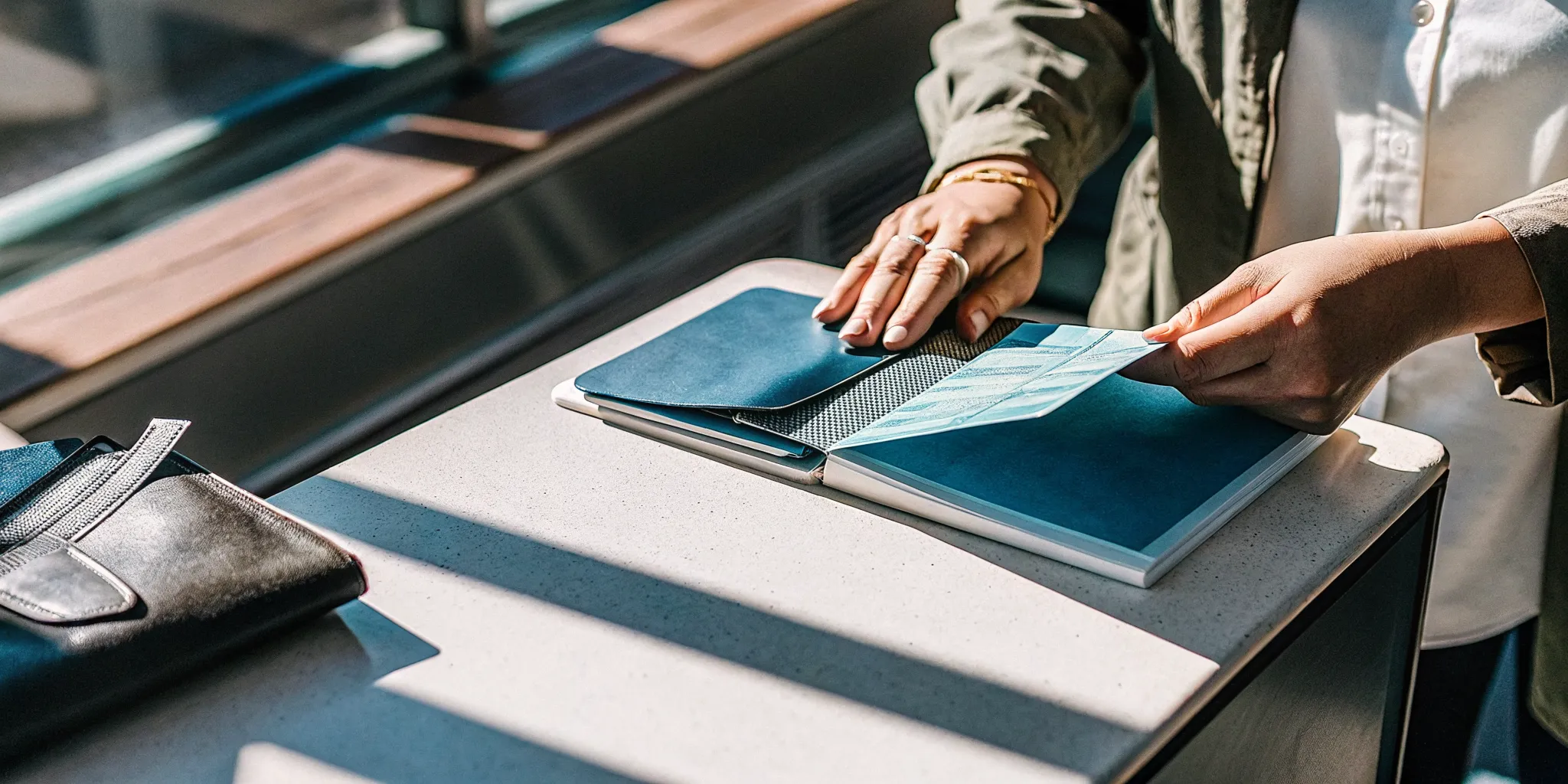 Traveler organizing a passport and travel documents on a bright desk before a flight