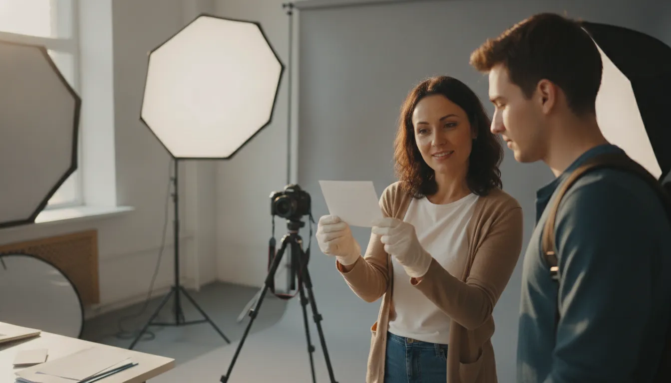 Photographer reviewing a passport photo with a traveler