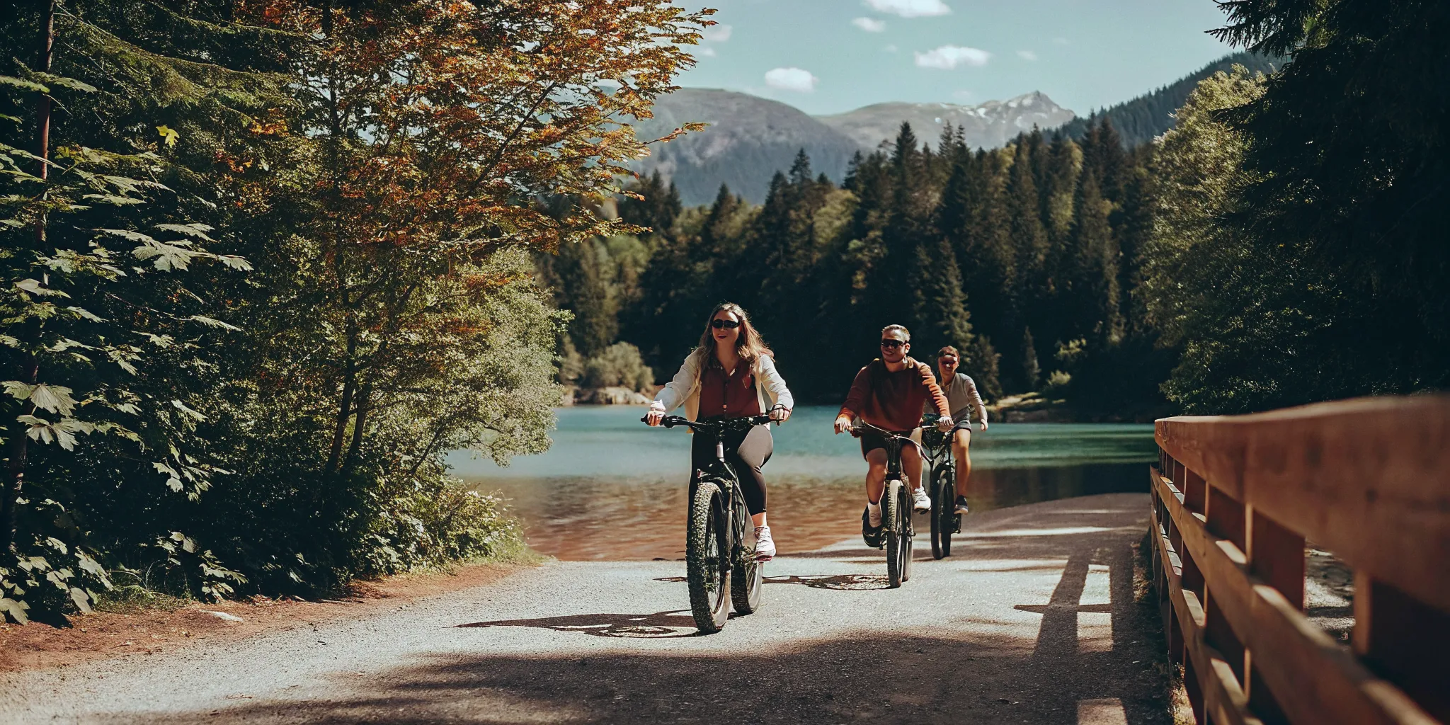 A group of happy travelers riding electric fat tire bikes on a paved forest path next to Alta Lake Whistler