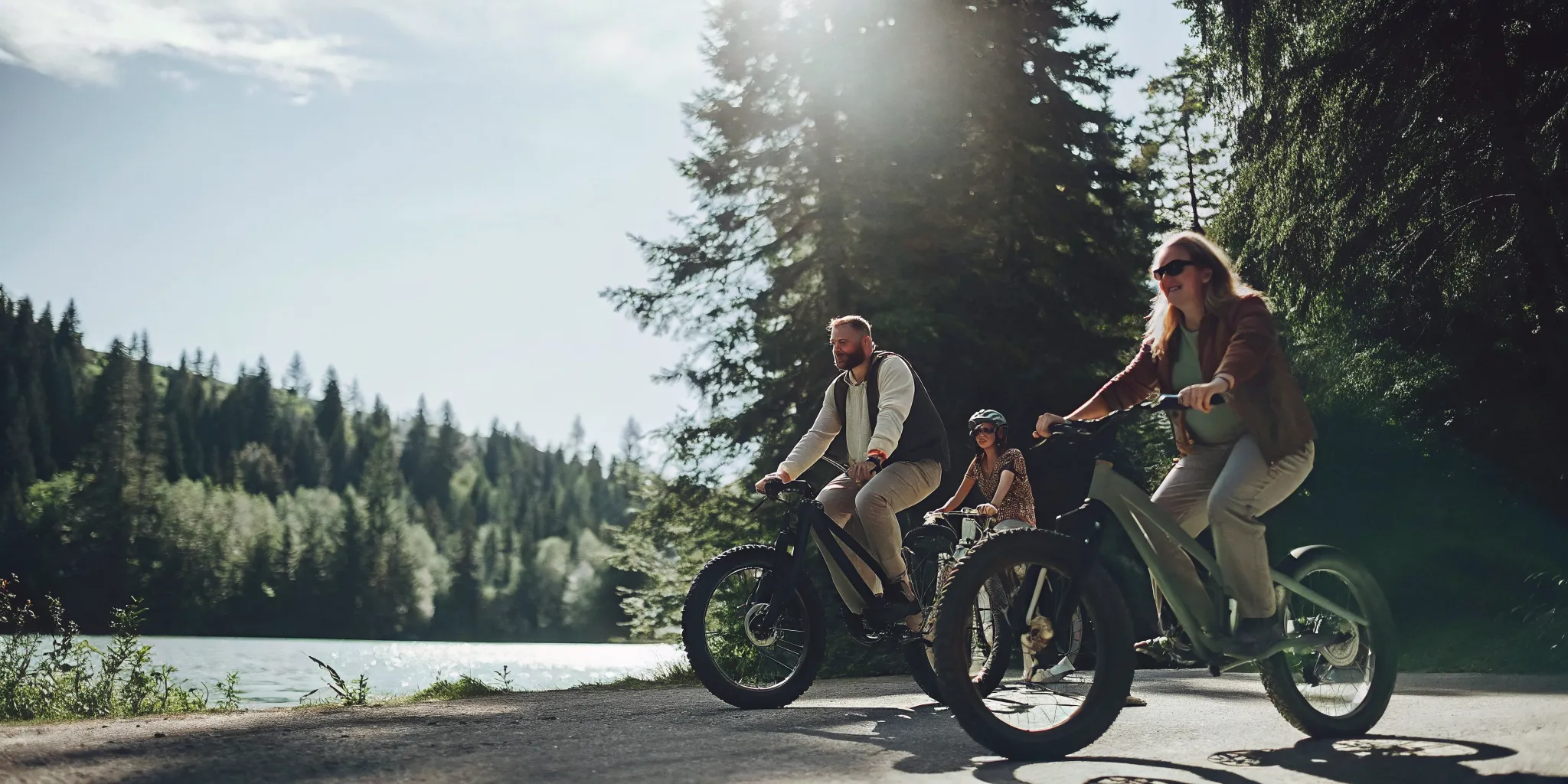 Multi-generational family riding fat tire e-bikes on a scenic Whistler valley trail with alpine lake in the background