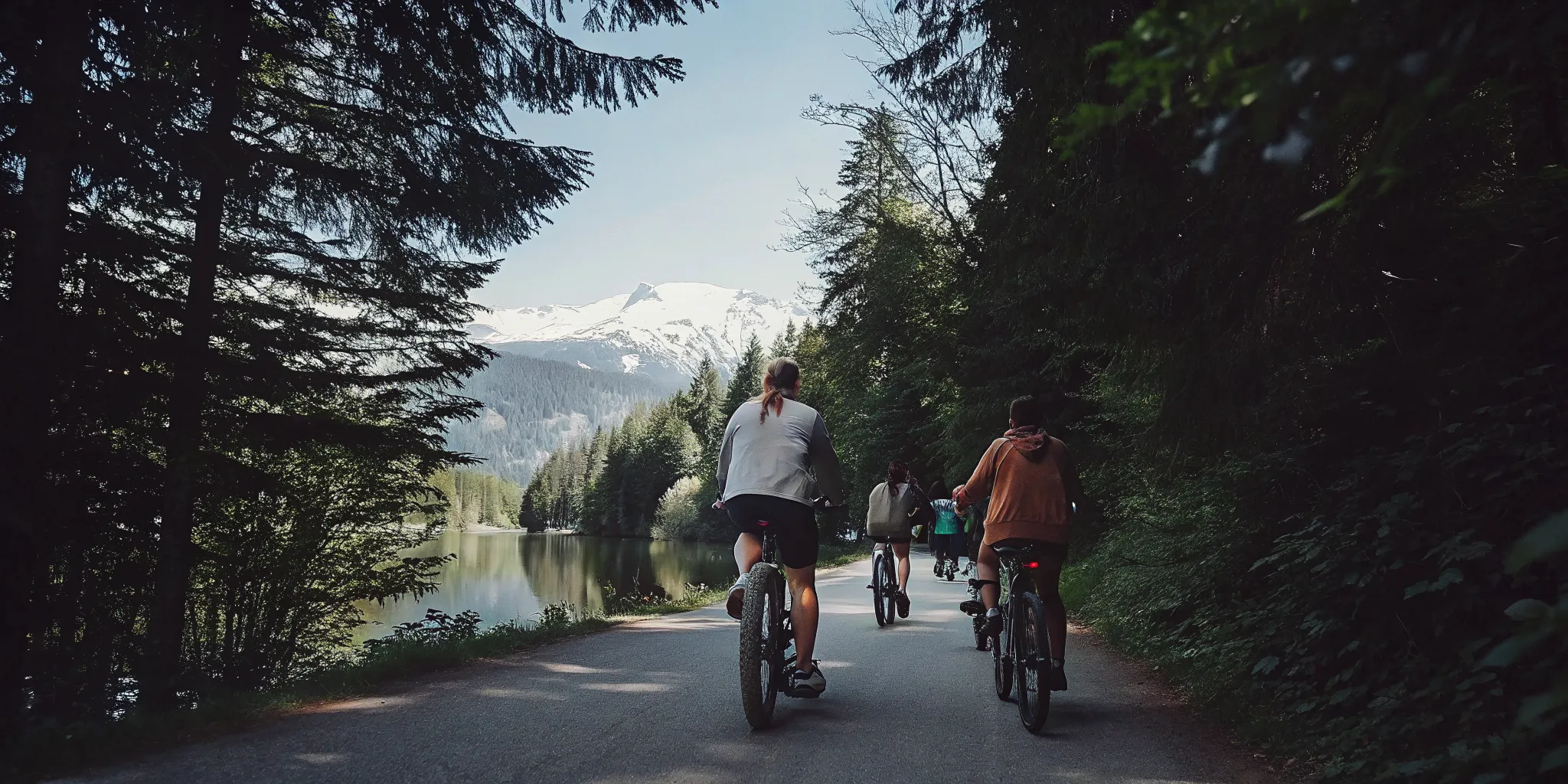 Group of riders on fat tire e-bikes exploring the Whistler Valley Trail near a lake with cedar trees and mountains