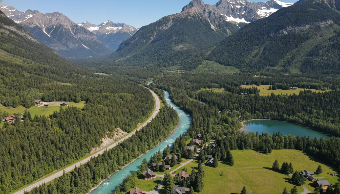 Aerial view of Whistler village and the Sea-to-Sky Highway in the Coast Mountains of British Columbia