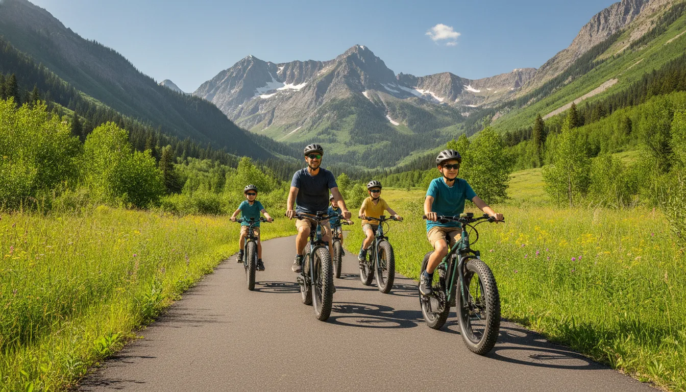 Family of mixed ages riding fat tire electric bikes together on a paved Whistler valley trail with mountains behind them