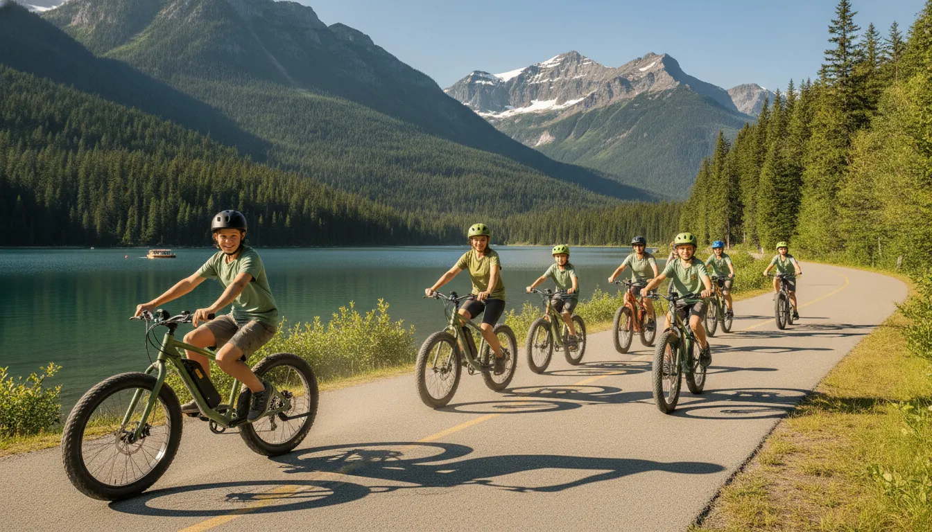 Families riding fat tire eBikes together along a paved lakeside path in Whistler, BC