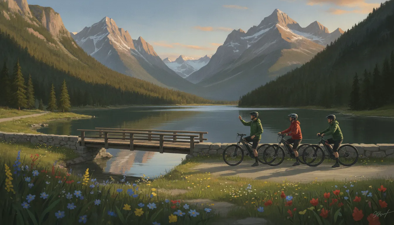 Cyclists stopping beside a calm alpine lake on an electric bike tour along Whistler's paved valley trail