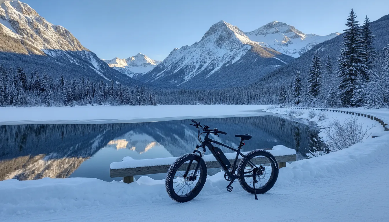 Snow-capped mountains above Whistler village with a paved trail beside a frozen lake