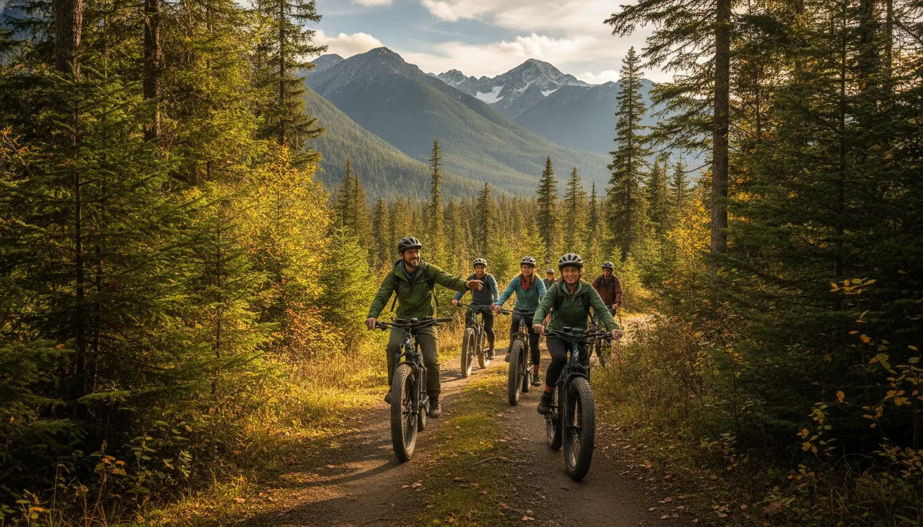 Visitors riding fat tire electric bikes on a guided trail tour in Whistler, British Columbia
